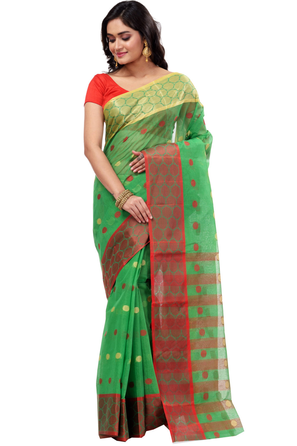 Green Pure Cotton Ganga Jamuna Tant Saree (2558)